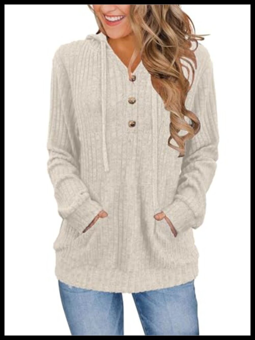Women's Ribbed Hoodie Henley Neck Kangaroo Pocket Pullover Sweater